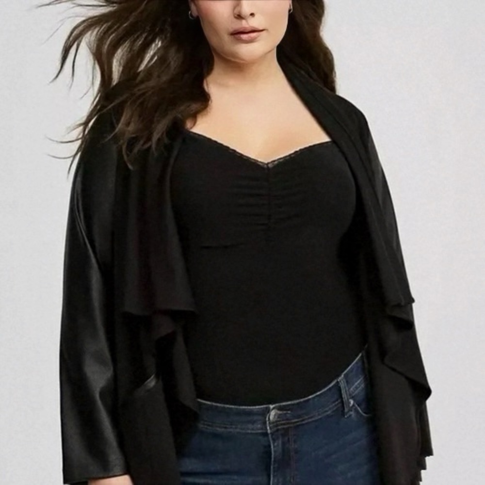 Torrid Brushed Ponte Drape Jacket with Faux Leather Sleeves - Picture 4 of 6